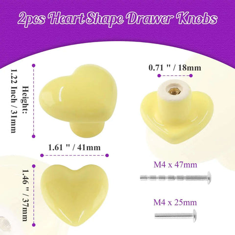 Super Sweet Heart Shape Ceramic Drawer Knobs Yellow Dresser Handles Two Pack Replacement Hardware For Kids Bedroom Cabinet Pulls Rad Slick Furniture Decor Set close-up with measurements and screws