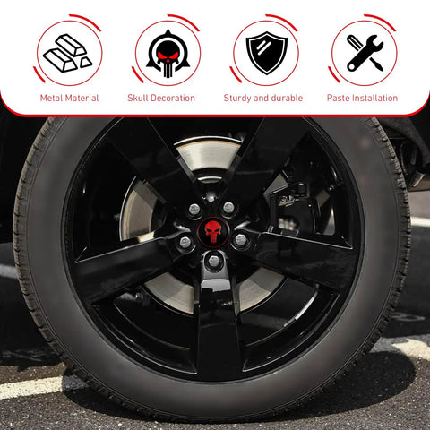 Four Pack Car Wheel Center Hub Caps With Metallic Skull Badge on black truck wheel, showing red skull design and metal finish.