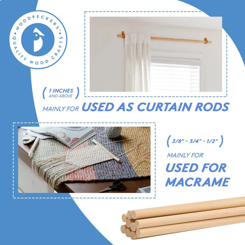 Dead Smooth Finish 1/4 Inch By 12 Inch Wooden Dowel Rods Pre Sanded Bark Free Hardwood Craft Sticks ready for macrame projects.