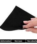 Twenty Two Piece Adhesive Foam Squares With Heavy Duty Hold Anti Slip Soundproof Cushioning For Rock Solid Vibration Dampening Furniture Sliders No Fuss Black Backing shown in hand, flexible black EVA foam.