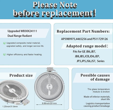 9 Inch Dual Range Radiant Surface Element Replacement for Glass Cooktop, Upgraded WB30X24111 9in Dual Radiant Sensor shown with specs