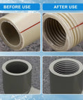 Before and after images of 1/2 and 3/4 inch pipe threading using Heavy Duty Pipe Threading Tool Set For 1/2 And 3/4 Inch Pipes.