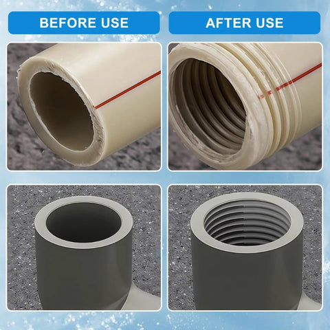 Before and after images of 1/2 and 3/4 inch pipe threading using Heavy Duty Pipe Threading Tool Set For 1/2 And 3/4 Inch Pipes.