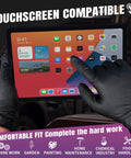 Heavy Duty Black Nitrile Disposable Gloves Bring Tough As Nails Defense With A Rock Solid Grip Pattern and 6.3 Mil Thick Shield to Dodge Razor Blades or Slippery Grease Sold In Pack Of One Hundred Medium Sized Tools For Badass Industrial Use, touchscreen compatible gloves used for handling tablet carefully.