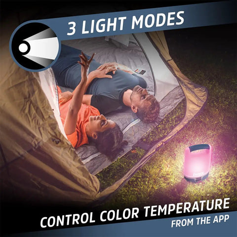 Smart Multi Color LED Lantern 1200 Lumen Rechargeable Camping Light For Indoor And Outdoor Use With USB App Control shown in tent