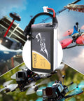 7.4V 2500mAh 2S LiPo Battery Pack For Fat Shark Goggles with DC5.5mm and LED, showcased with drones in flight background.