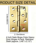 Built Tough 4 Pack Heavy Duty Satin Brass Hinges In Stainless Steel Four Inch Size detail with measurements