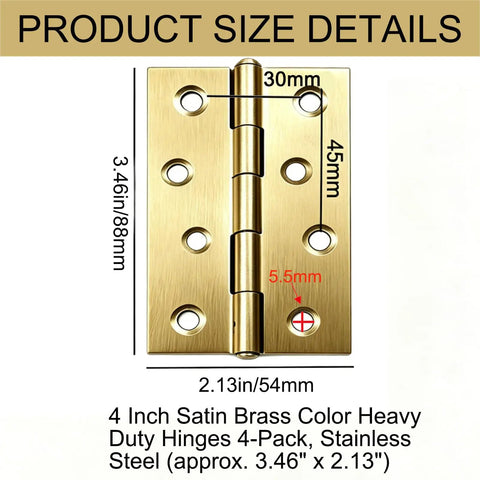 Built Tough 4 Pack Heavy Duty Satin Brass Hinges In Stainless Steel Four Inch Size detail with measurements