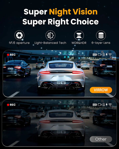 Night driving view showing 4 Channel 360 Degree Dash Cam with front rear inside left right cams, super night vision feature.