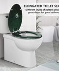Bathroom with Elongated Toilet Seat With Quiet Close Hinges, MDF Wood Build, Lotus Leaf Finish, matching green lid open