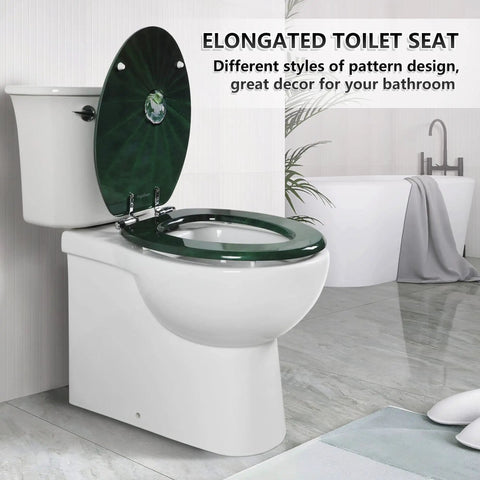 Bathroom with Elongated Toilet Seat With Quiet Close Hinges, MDF Wood Build, Lotus Leaf Finish, matching green lid open