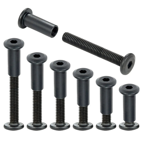 Built Different Black M6 Furniture Connector Bolts Assortment Kit showing hex cap nuts and assorted lengths of woodworking screws.