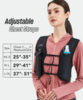 Unisex Hands Free Running Hydration Vest with 500ml Soft Flask, adjustable chest straps, Black Camo, size chart displayed