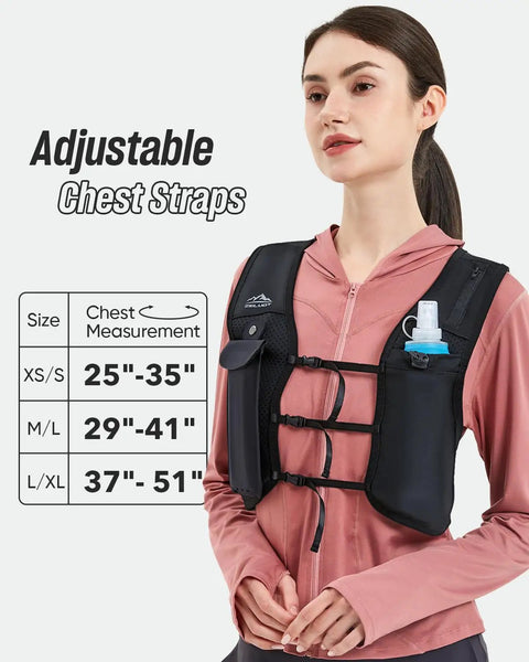 Unisex Hands Free Running Hydration Vest with 500ml Soft Flask, adjustable chest straps, Black Camo, size chart displayed