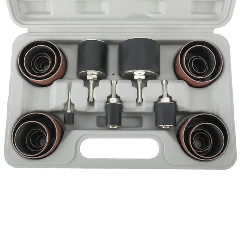 Heavy Hitter 25 Piece Sanding Drum Kit For Drills And Benchtop Presses With Five Mandrel Arbors and twenty sanding sleeves in case.