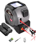 All In One Laser Rangefinder Tape Measure With LCD Distance Readout Up To 131 Feet And 40 Meters 0.1 Inch Precision 16 Foot Steel Tape Includes Heavy Duty Belt Clip For Fast Onsite Measurements, grey laser tape measure with LCD, batteries and screwdriver