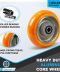 Built Like A Tank Heavy Duty Swivel Caster 6 X 2 Inch With Aluminum Core And Grippy Polyurethane Tread Moves 1200 Lbs Per Wheel closeup of orange polyurethane wheel