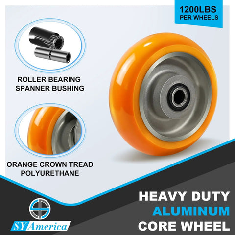 Built Like A Tank Heavy Duty Swivel Caster 6 X 2 Inch With Aluminum Core And Grippy Polyurethane Tread Moves 1200 Lbs Per Wheel closeup of orange polyurethane wheel