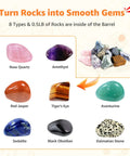 Beginner Rock Tumbler Kit With 4-Stage Silicon Carbide Grit showcasing various polished gems like rose quartz, amethyst, and more