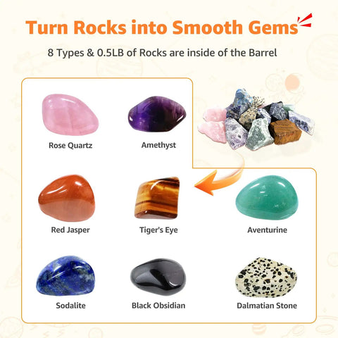 Beginner Rock Tumbler Kit With 4-Stage Silicon Carbide Grit showcasing various polished gems like rose quartz, amethyst, and more