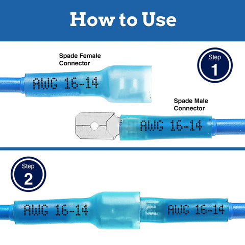 How to use Dope Heat Shrink Spade Connectors Kit With KableSeal Tech, showing AWG 16-14 male and female terminals connection.
