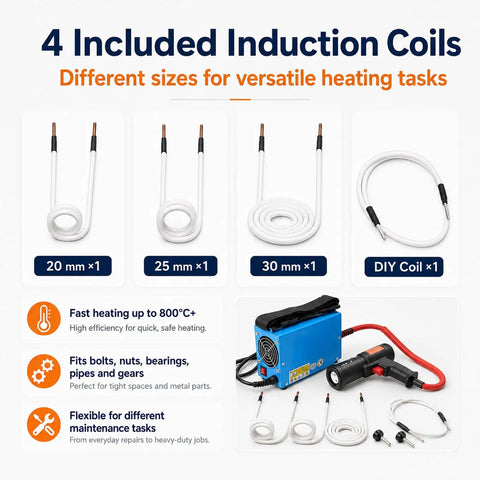 Pro Grade Top Shelf Heavy Duty Electric Magnetic Induction Heater 1500 Watt No Sweat Quick Fix Kit with 4 induction coils for various tasks.