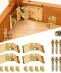 Heavy Duty Iron L Shaped Corner Brackets For Tables And Benches Rock Solid Build With Self Aligning Hanger Bolt Hardware Kit displayed with screws.