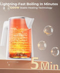 Fast Boil Electric Kettle With 1.0L Capacity 1200W 7 Temperature Settings For Tea And Coffee showing boiling water in 5 minutes