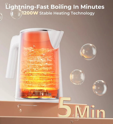 Fast Boil Electric Kettle With 1.0L Capacity 1200W 7 Temperature Settings For Tea And Coffee showing boiling water in 5 minutes