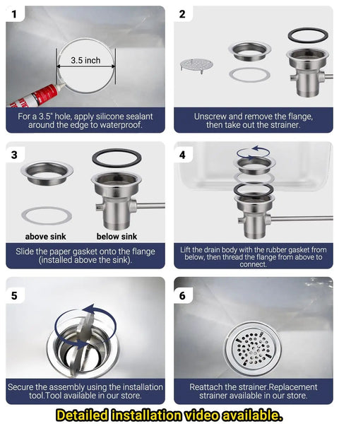 Installation steps for Three And A Half Inch Commercial Sink Drain With Twist Lever Handle For Restaurant Two Thirds Compartment Sink Waste Drain Valve