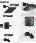 Dope Matte Black Tub Shower Faucet Set With 8 Inch Rain Shower Head details showing size and components on white background