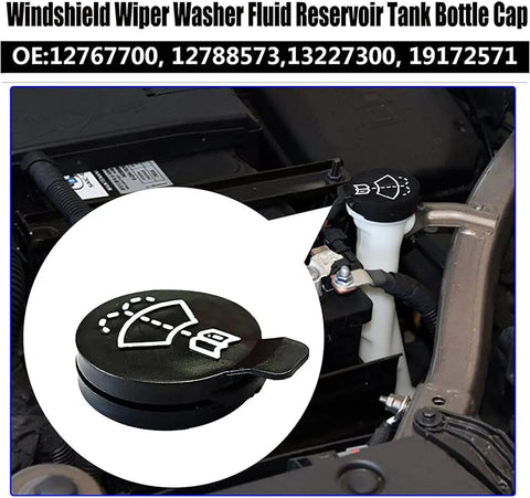 Replacement Windshield Washer Reservoir Cap For GMC Chevrolet Buick Cadillac Black Plastic Bottle Cover shown in engine bay