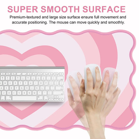 Pink Heart XXL Mouse Pad With Scalloped Edge Large Desk Mat For Gaming And Work, showing smooth surface with keyboard and hands.
