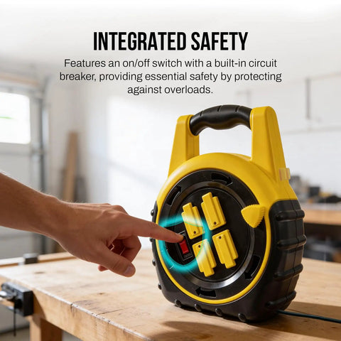 Slick Retractable 20Ft Extension Cord Reel With Four Outlets And On Off Switch in workshop setting with safety feature.