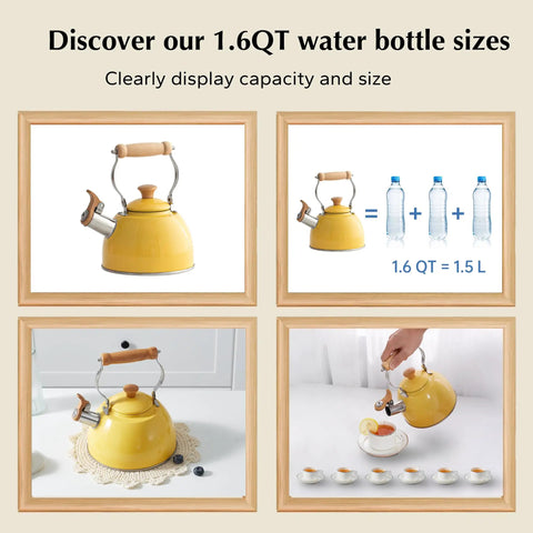 Yellow 1.6 Quart Tea Kettle With Cool Touch Wooden Handle Food Grade Stainless Steel Stovetop Teapot Whistling Kettle For Easy Pour Ergonomic Grip Safe Heat Resistant Kitchen Accessory displayed with size comparison to water bottles, set on a table with cups.