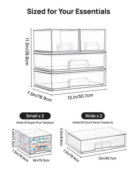 Diagram of Stackable Storage Drawers Set Of 4 Clear Plastic Organizer Bins for bathroom vanity cabinets, pantry, and laundry rooms