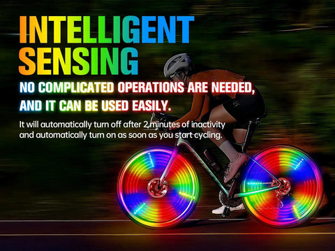 Cyclist using Three Pronged Bicycle Spoke Lights Set for Bike Wheels With 360 Degree Visibility LED Wheel Lights at night.