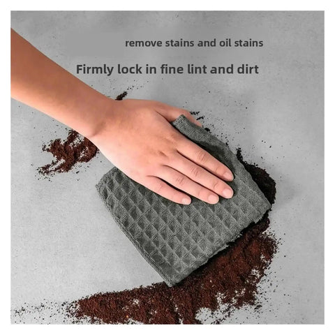 Hand using Barista Cleaning Cloth Set For Coffee Machines And Espresso Equipment Non Shedding Absorbent Towels 5 Pack Pro Grade