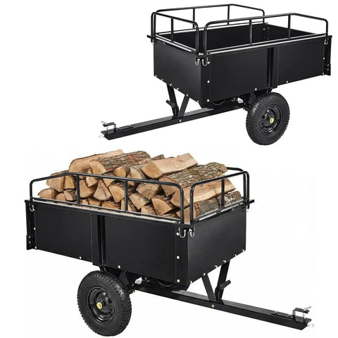 Beefy 750 Lbs Capacity ATV Dump Cart With Quick Release Dump loaded with firewood, showing steel frame and removable sides