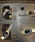 Damascus Fish Style Folding Knife With Ladder Pattern Blade Handmade Damascus Steel Pocket Knife For Everyday Carry shown with features.