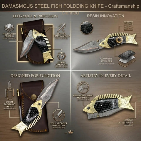 Damascus Fish Style Folding Knife With Ladder Pattern Blade Handmade Damascus Steel Pocket Knife For Everyday Carry shown with features.
