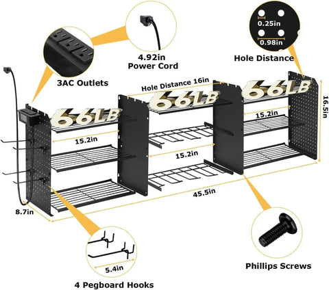 Heavy Duty Power Tool Organizer With Built In Charging Station And 200 Pound Load Capacity Three Tier Wall Rack Eight Drill Holders Two Side Pegboards And Extra Hooks For A Super Handy Garage Or Workshop featuring dimensions and specifications in detailed diagram.