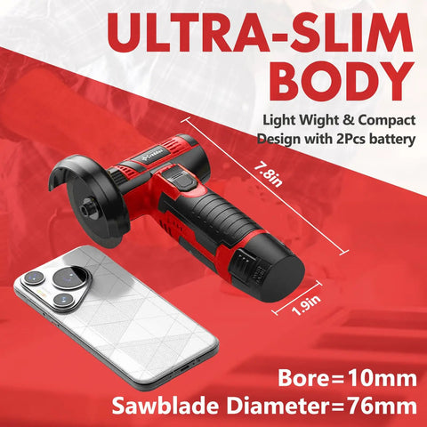 Cordless 3 Inch Mini Angle Grinder Kit With Dual 16.8V 2000mAh Batteries, 5 Grinding Wheels, Fast Charger, No Cords, And 19500 RPM Power For Cutting, Grinding And Polishing Red next to smartphone with dimensions.