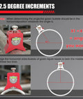 Heavy Duty Magnetic Pipe Center Finder With Built In Spring Punch Layout Tool and Bang On Target Auto Aligning Strike Marker for Plumbers Welders and Hvac Techs Seeking Smooth Sailing Job Prep With Dead Center Steel Marking showing angle measurement in 2.5 degree increments.