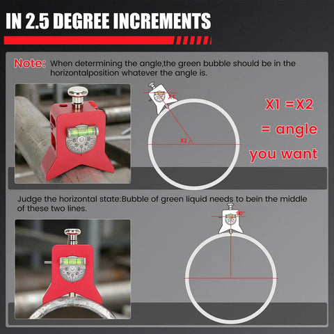 Heavy Duty Magnetic Pipe Center Finder With Built In Spring Punch Layout Tool and Bang On Target Auto Aligning Strike Marker for Plumbers Welders and Hvac Techs Seeking Smooth Sailing Job Prep With Dead Center Steel Marking showing angle measurement in 2.5 degree increments.