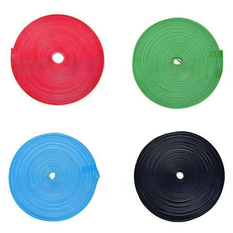 Red, green, blue, and black PVC self adhesive strips for scooters and skateboards, scratch resistant and easy to install.