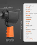Workhorse Pneumatic Impact Wrench Breaking 690 Ft Lbs Torque On Frozen Nuts With A 3/8 Inch Square Drive side view with measurements.