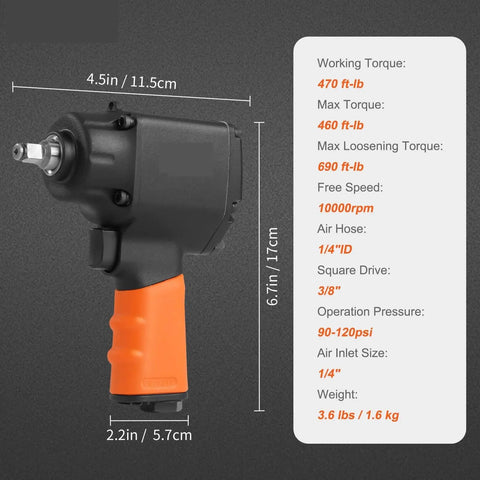 Workhorse Pneumatic Impact Wrench Breaking 690 Ft Lbs Torque On Frozen Nuts With A 3/8 Inch Square Drive side view with measurements.