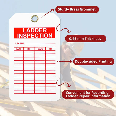 60 Pack Ladder Inspection Tags With Double Sided Safety Record Labels And Beefy Nylon Cords Plus Durable Ink Pen For Warehouse Crews And Municipal Sites Easy Grip Layout Straight Talk Compliance Notes Built Tough For The Day Shift Grind, showing sturdy brass grommet and double-sided printing.