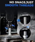 Threaded Rod Deburring Tool With External Chamfer Bit For Metal in use, showing before and after deburring results on a bolt